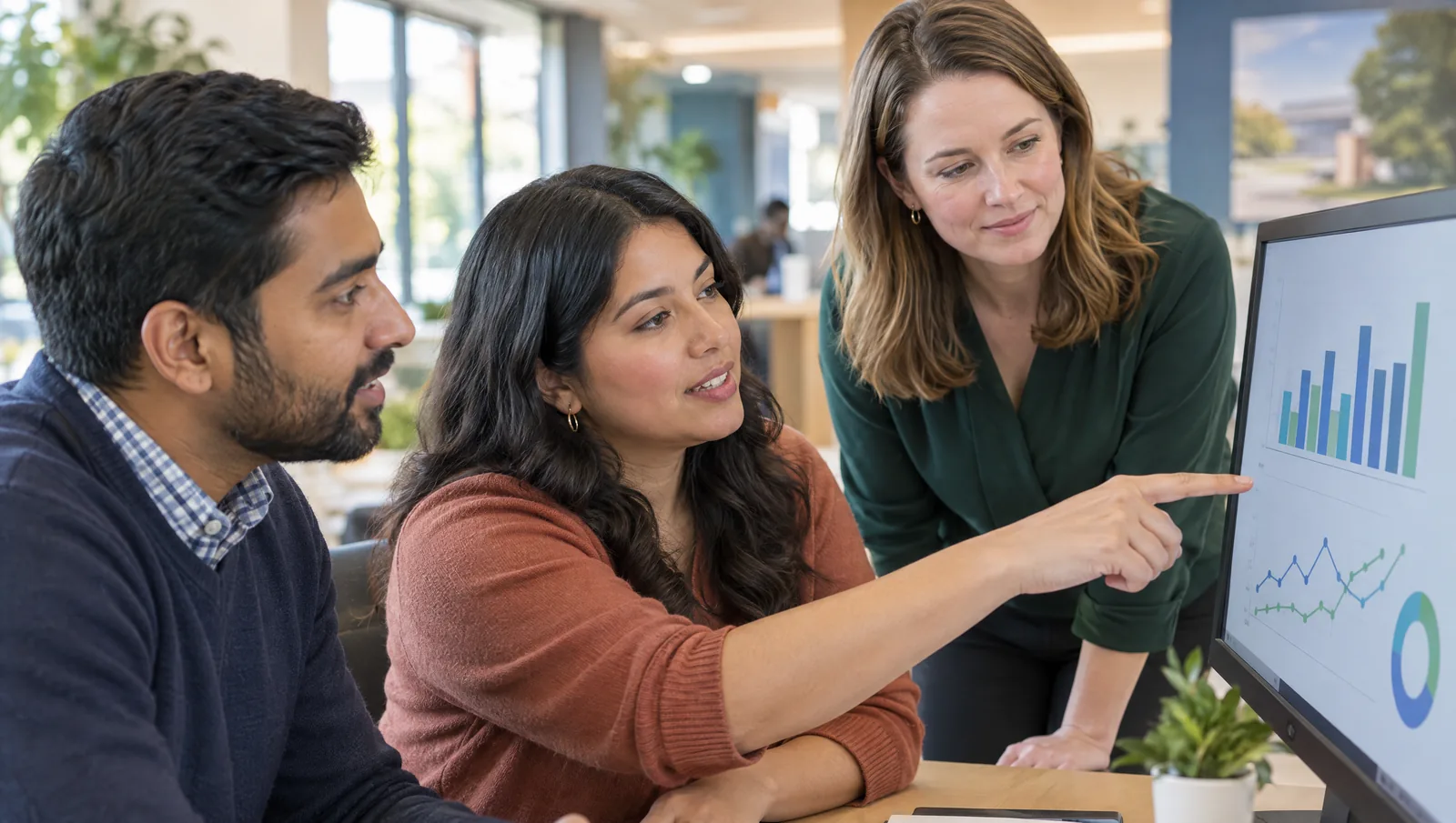 Three credit union colleagues of different backgrounds gathered around a monitor, looking at a dashboard together